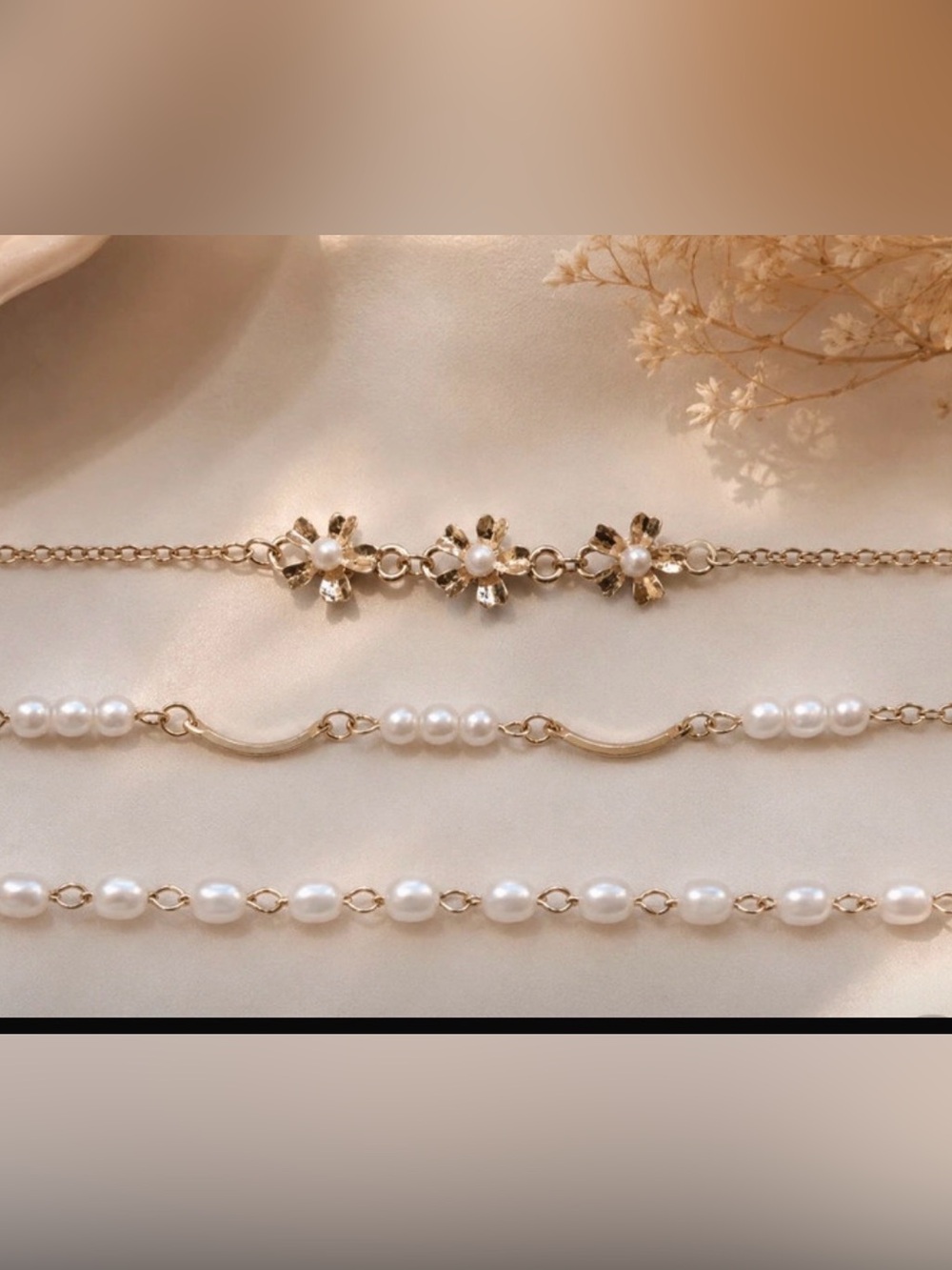 FASHION 3-Anklet Set Gold and White Pearl Set - Floral Accent